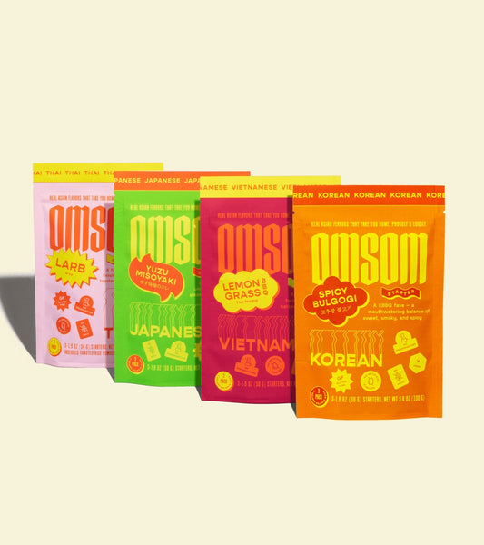 Four types of meal starters in colorful packaging